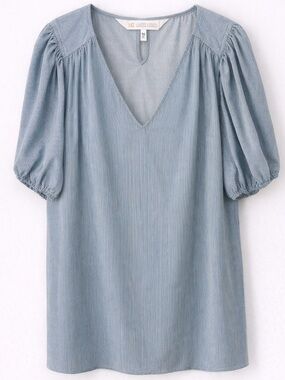 LC Lauren Conrad Blouse 2X Relaxed Fit Puff Sleeve V Neck Blue Striped